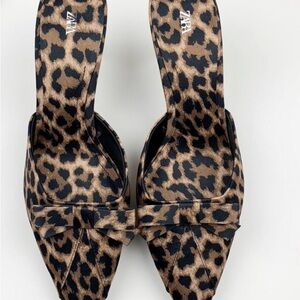 ZARA Leopard-Print Pointed Mules in Brown and Black